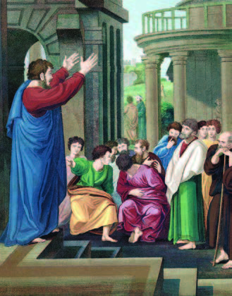 artwork of people listening to an ancient preacher